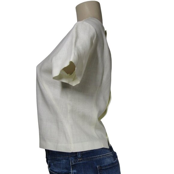VTG 50s LINEN Blend Beige Lace Cutwork Crop Blouse Demure Mad Men Fairy Mod M - Picture 3 of 6